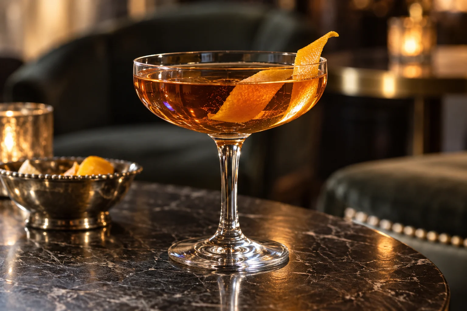 Amber cocktail in a coupe on black marble